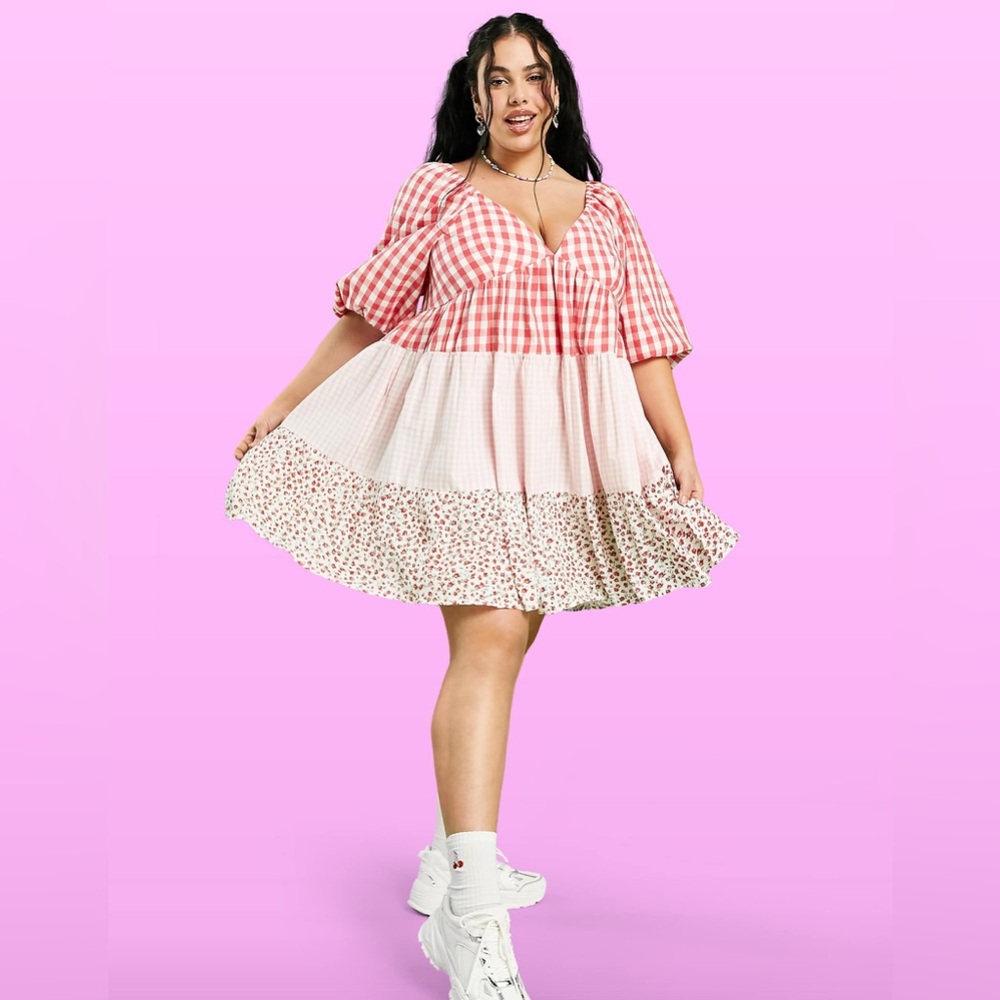ASOS Mixed Gingham Floral Tiered Mini Smock Dress Sz 18